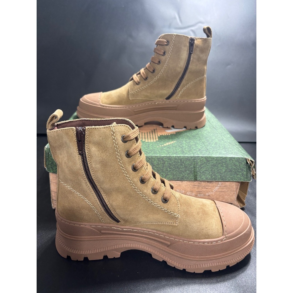 Hee Leather Lace-Up Boots Side‎ Zip Tan Suede Combat Boots EU 38/US 7 MSRP $199
